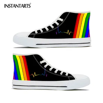 

INSTANTARTS Heart Rate Women Flats Shoes Lace Up Spring High Top Canvas Shoes Rainbow Color Boys Girls Fashion Sneakers Light