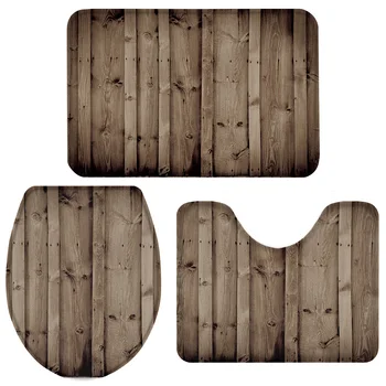 

3 Pieces Bathroom Set Vintage Brown Wooden Board Bath Set Toilet Cover Mat Pedestal Rug Non-Slip Bathroom Rug Set
