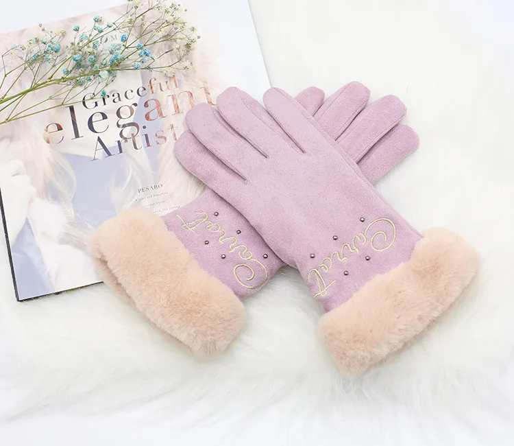 Purple Новые модные женские перчатки Зима Осень заклепки милые пушистые теплые рукавицы полный палец варежки Открытый женские перчатки экран Luvas G024 - Цвет: Purple