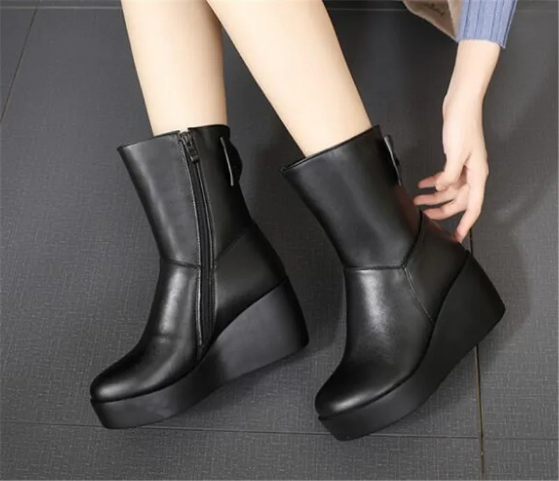Новая модная Осенняя обувь на толстой платформе с бантом ботинки на танкетке и высоком каблуке женские ботинки обувь из натуральной кожи теплые зимние ботинки