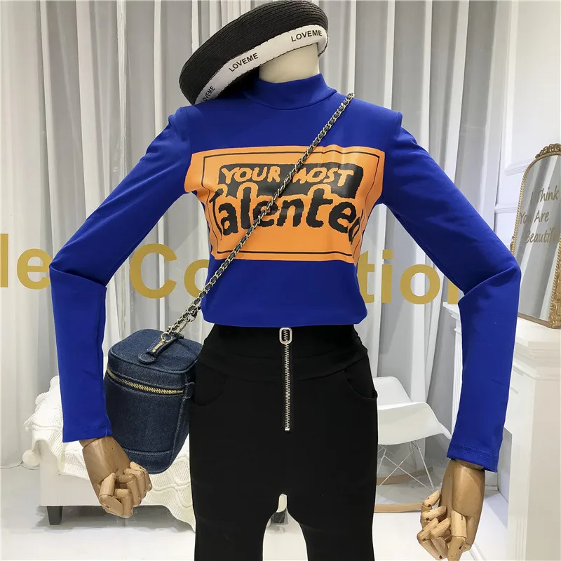 

Korean Fashion Womens Long Sleeve Tops High Street Stand Neck T Shirt Women Print Cotton Blend Slim Womens Clothing Blue