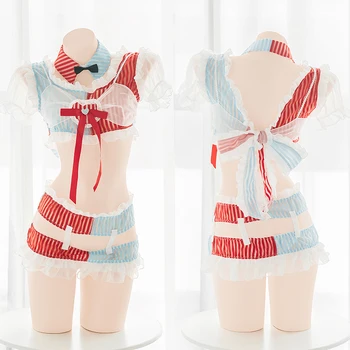 

Sexy Red Blue Contrast Color Hollow out Pajamas Homewear Japanese Girls Solid color Kawaii Harajuku Bandage Sleepwear Cosplay