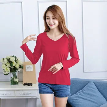 

2020 New Ladies V-neck Cotton T-shirt Casual Long Sleeve Bottoming Shirt gray
