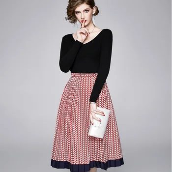 

V-Neck Knitted Tops Long Sleeve + Elastic Waist Print Pleated Skirts Set Women Two Piece Set Elegant Office Matching Set A241