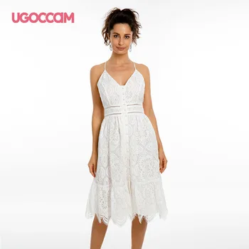 

UGOCCAM Lace Dress Sexy Women Dress Sling V-Neck Mini Cotton Dress White Christmas Dress Plus Size Dress vestidos de verano