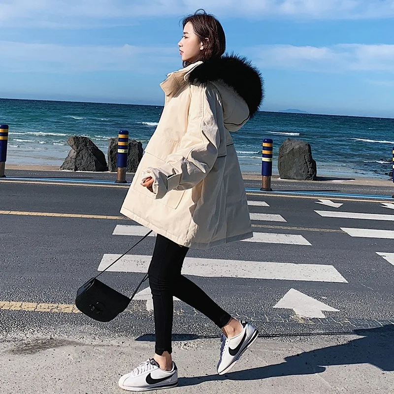 

Photo Shoot CHIC COUPLE'S Army Green Mid-length Loose-Fit Hooded Large Fur Collar Large Pocket Workwear Cotton Coat Women's