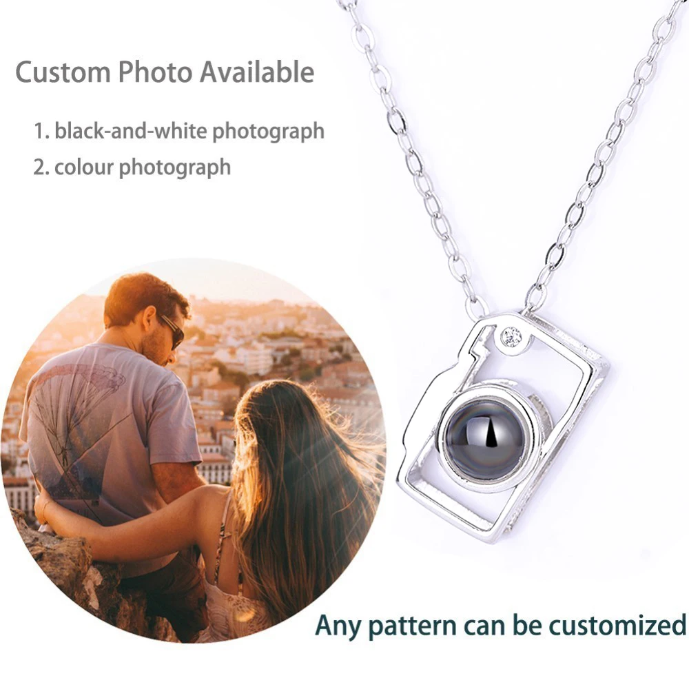 custom silver photo Подгонянный подарок из стерлингового серебра 925 пробы Выгравированный текст фото 100 языков кулон в виде камеры ожерелья - Окраска металла: custom silver photo