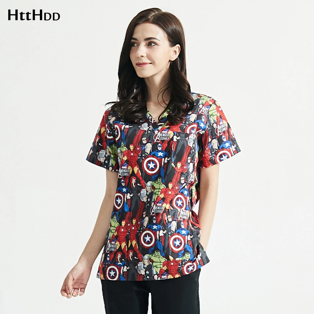 

100%Cotton lab coat Short-sleeved Printing scrubs uniforms Unisex pet store working sets scrubs tops/pants suits wholesale S-XXL