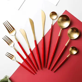 

Fork Spoon Knife Set Red Gold Dinnerware Stainless Steel Cutlery Chinese Chopsticks Cutlery Tableware Stainless Steel Spoon