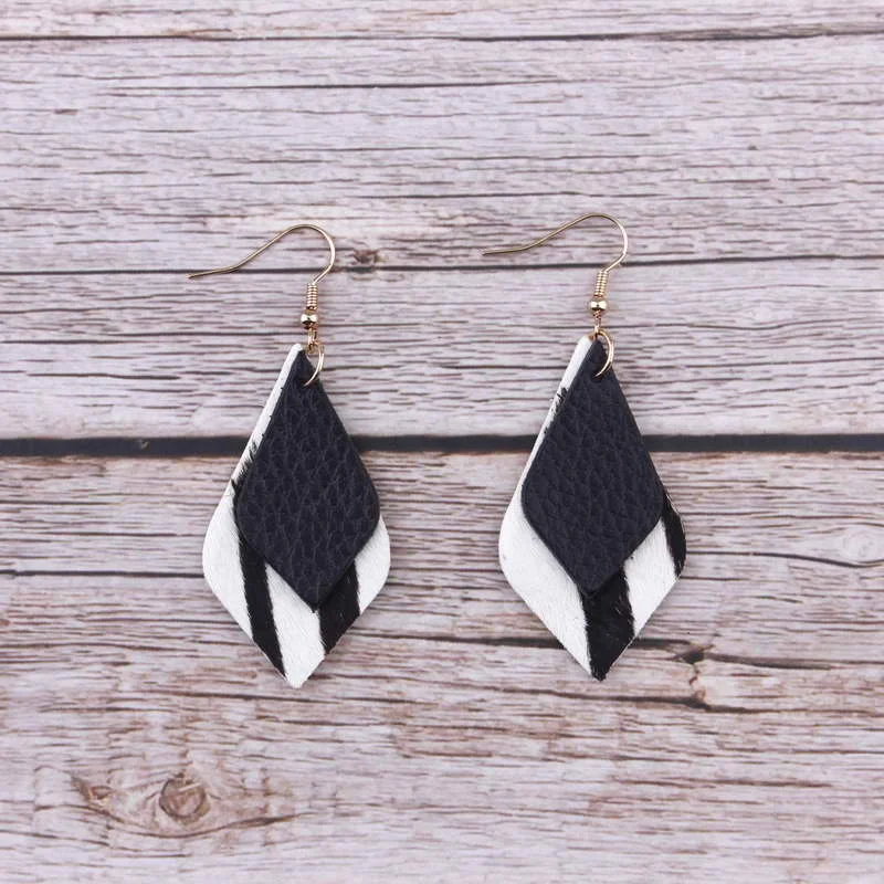 

Multicolor Layered Zebra Leopard Genuine Leather Teardrop Earrings for Women Leather Waterdrop Earring Jewlery