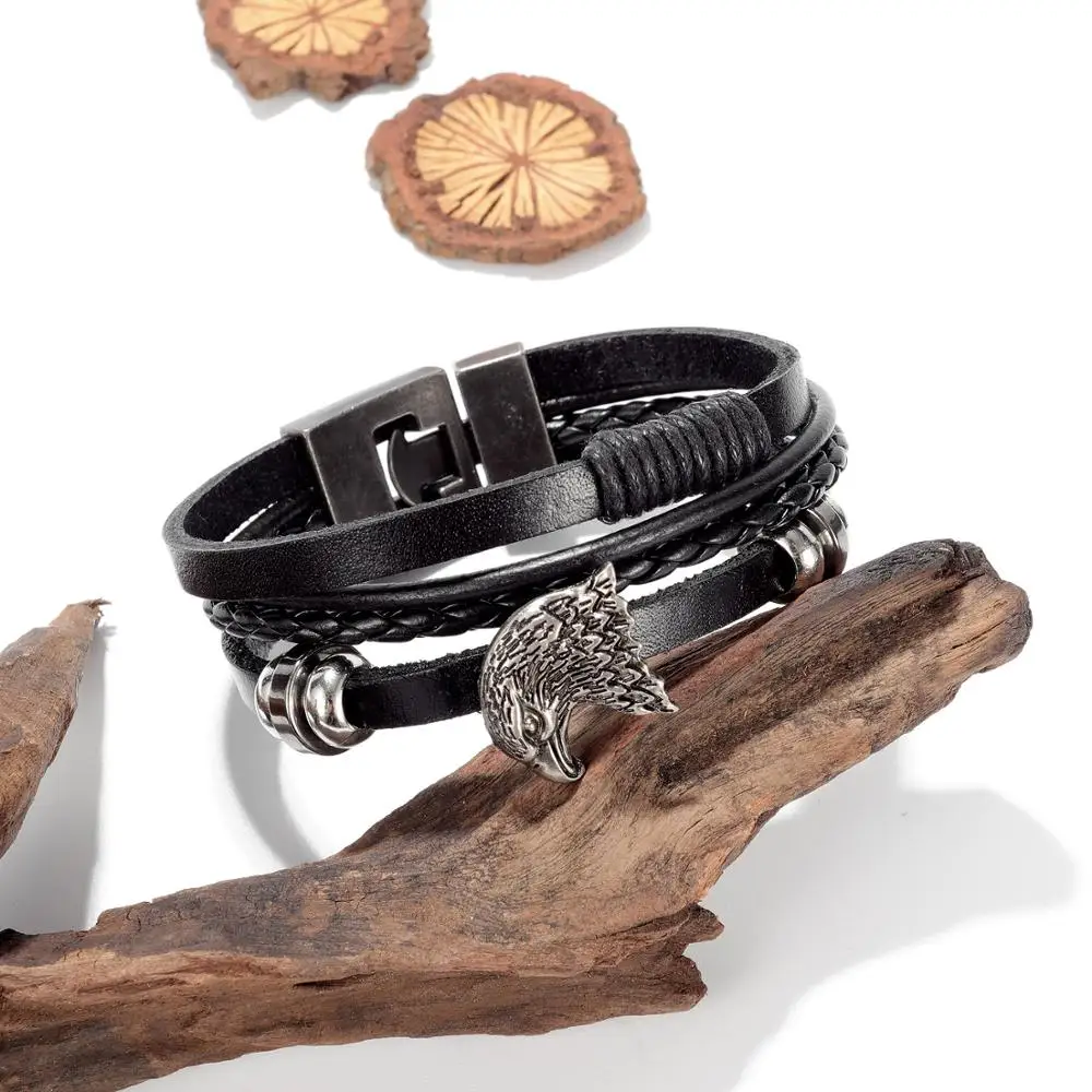 

Men Bracelet Leather Bracelet Stainless Steel Bangles Luxury Brand Punk Black Fashion Metal Wristband Eagle Head Retro Jewelry