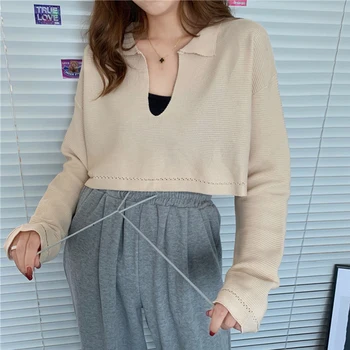 

AOSSVIAO Women Knitted Cropped Pullovers Sweaters Female Short Popular V Neck Sexy Knitwear Spring Autumn Tops 2020