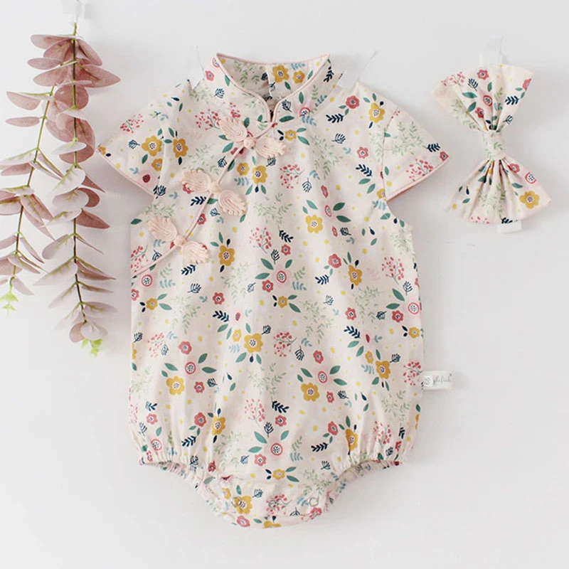 2021 Summer Baby Girls Rompers Baby Clothes Floral Cheongsam Rompers + Hair Band Infant Girls Clothing Baby Bodysuits are cool