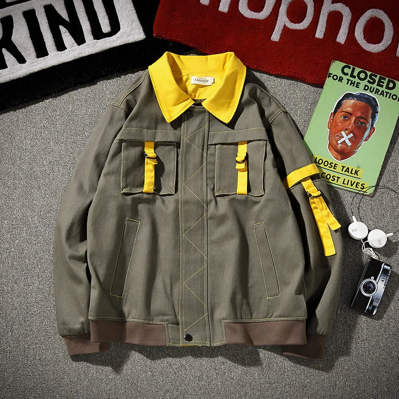 

Autumn Tooling Jacket Men Fashion Contrast Color Letter Printing Casual Jacket Man Streetwear Loose Hip Hop Bomber Jacket Men