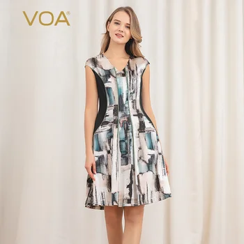 

VOA New Sumer Dresses Silk Printed Elastic V-neck Color Contrast Panel Slim Princess Dress A10550