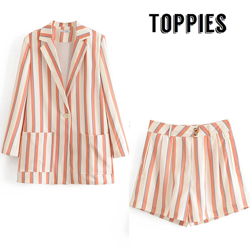 

Autumn Cotton adn Linen Striped Suit Set Women Single Button Blazer Jacket High Waist Bermuda Shorts Female Two Piece Set