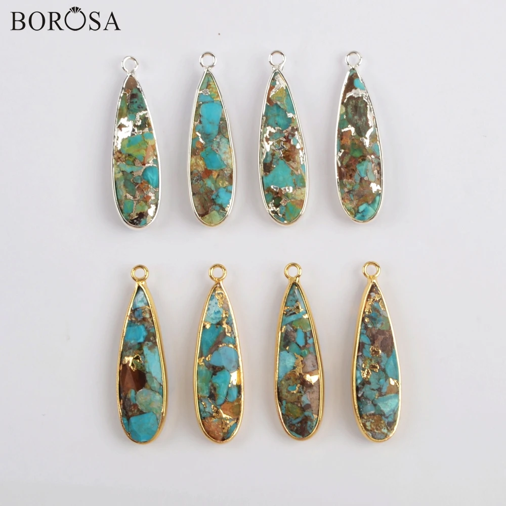 

BOROSA 5Pcs Gold/Silver Plating Bezel Teardrop Copper Turquoises Charm Natural Gems Stone Pendant for Earrings/Necklace G1884