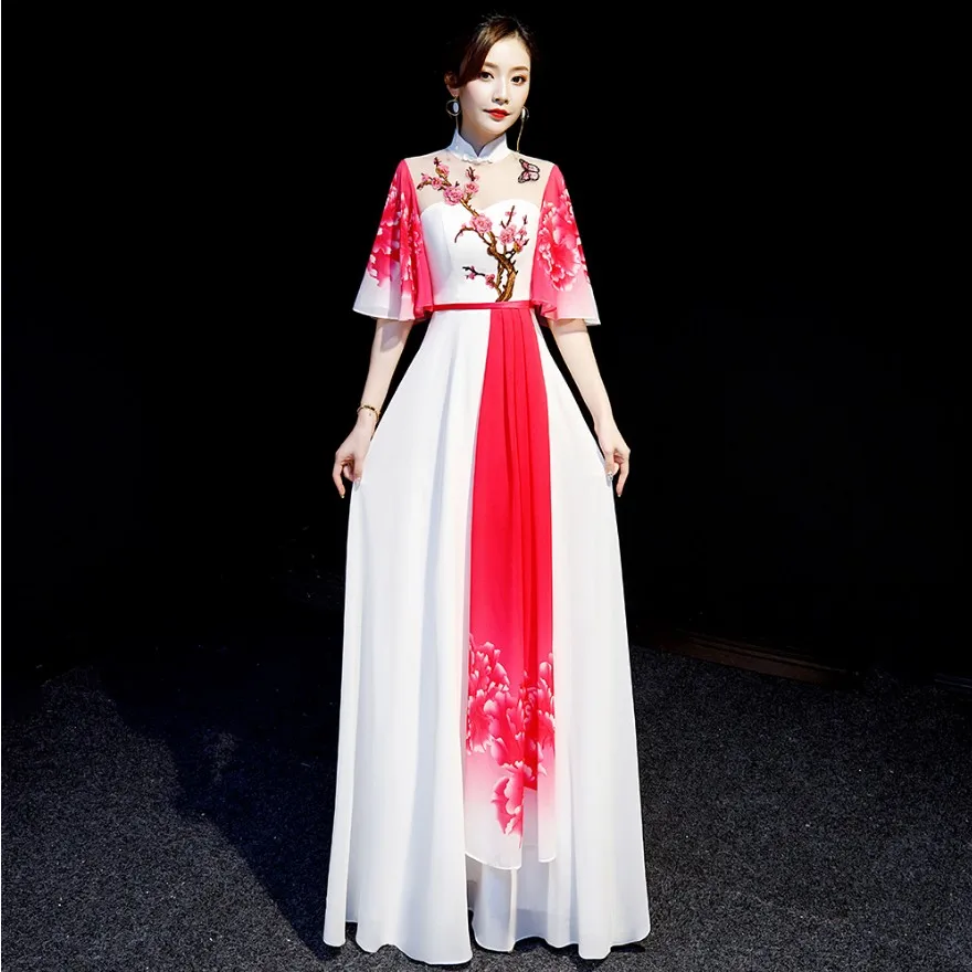 Китайский Улучшенный чёнсам Vestidos женский тонкий Qipao элегантный платок длинное вечернее платье guzheng сценические шоу