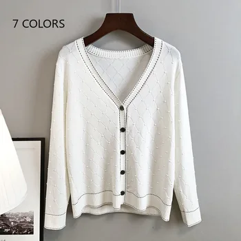 

Women Thin Cardigan Women 2020 Spring Sweater Coat Black White Argyle Plaid Long Sleeve Single Breasted Cardigan + T Shirt Set