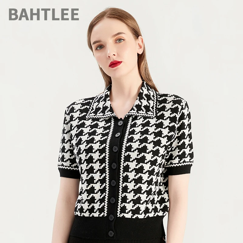 

Женский вязаный кардиган BAHTLEE-Houndstooth, летний лиоцелл, однобортный, с короткими рукавами, отложным воротником на пуговицах