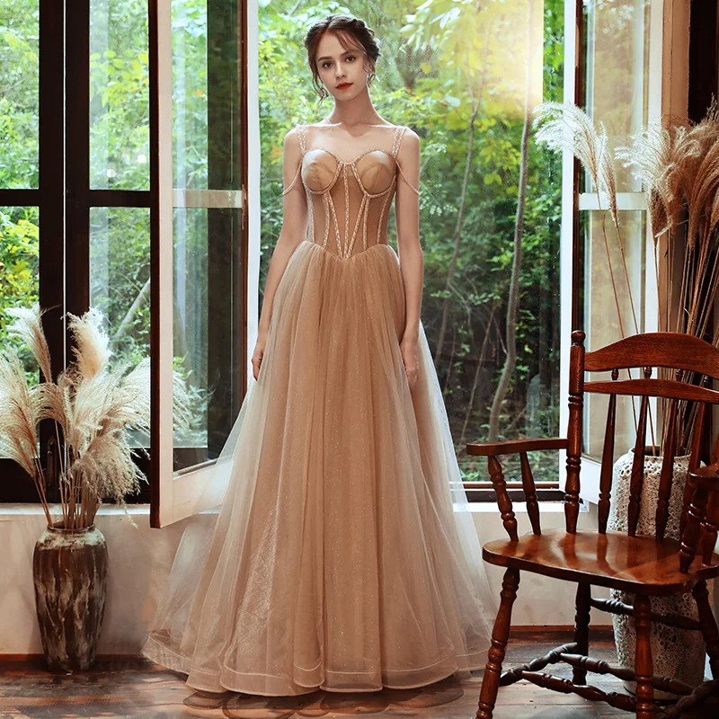 SSYFashion, Новое Сексуальное вечернее платье цвета шампанского, милое, на тонких бретелях, длиной до пола, длинное платье для выпускного вечера, на заказ, официальные платья, Vestido