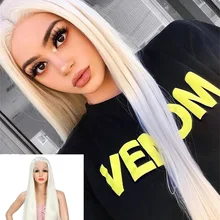 Natifah белый парик длинные прямые косплей синтетические парики на кружеве 150% плотность часть длинный парик косплей для женщин