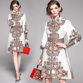 

2019 Autumn Dresses Woman Party Night Loose Office Lady Bandage Dress Khaki Color Knee-Length Sashes Print Lantern Sleeve Dress