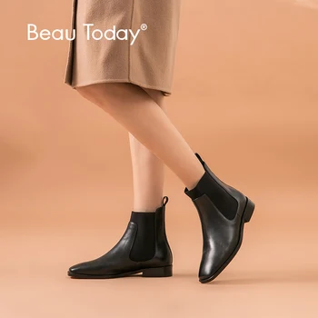 

BeauToday Chelsea Boots Women Calfskin Genuine Leather Square Toe Elastic Band Ankle Boots Winter Flat Shoes Handmade 03619