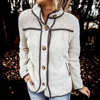 

Oeak Women Faux Fur Coat Stand Collar Long Sleeve Button Coat Furry Jacket Warm Autumn Winter Clothes Casual Women Jacket 2020
