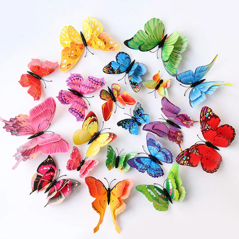 

12pcs sets Multicolor Double Layer 3D Butterfly Wall Sticker Magnet PVC Butterflies Party Kids Bedroom Fridge Decoration supply