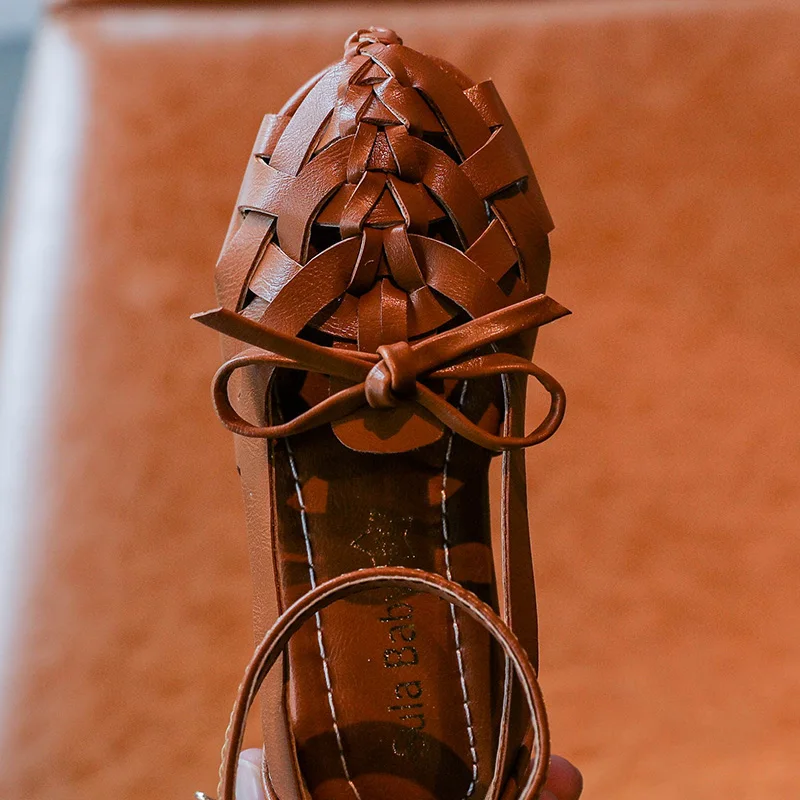 ULKNN Kids Girls Sandals Summer Shoes Children Fashion Girls Woven Sandals Casual Sneakers With Bow Flat Heel Girls Beach Shoes