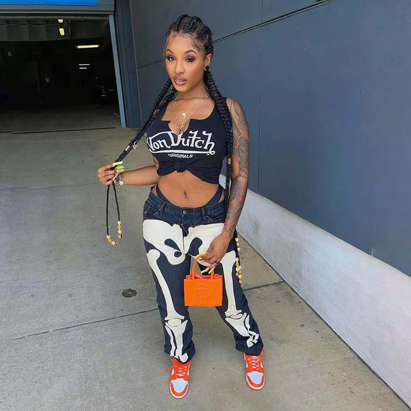 WeiYao Goth Pants Fall 2021 Skeleton Patterned Low Rise Baggy Jeans Femme Streetwear Women Black Denim Jean Trousers Cyber Y2k