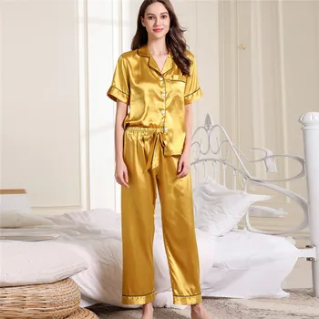 

2019 Women Pajama Suit Top + Pants Short Sleeve Long Pants Sleepwear Short Nightwear Sets Conjunto de pijama
