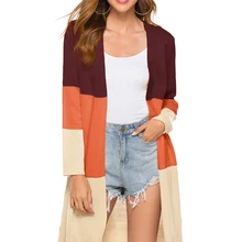 Женский открытый передний Длинный свитер кардиганы Boho с длинным рукавом Цвет Блок вязать легкий кимоно Duster пальто