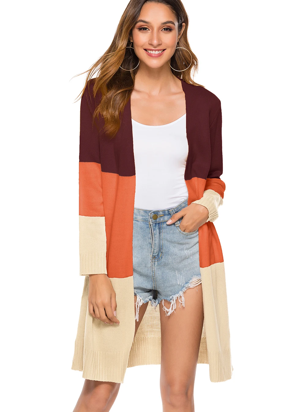 

Womens Open Front Long Sweater Cardigans Boho Long Sleeve Color Block Knit Lightweight Kimono Duster Coats