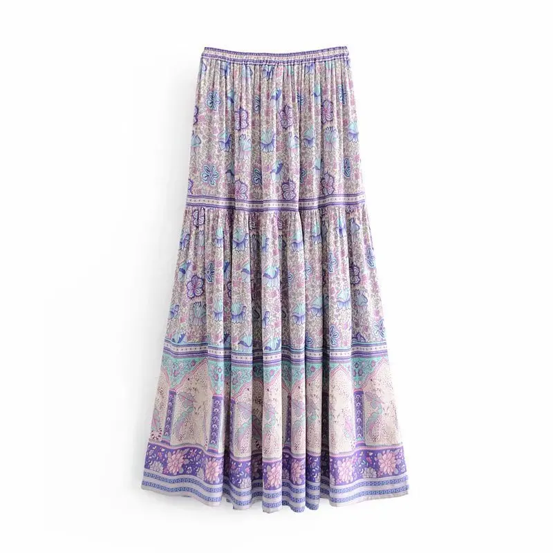 

2019 Western Style Spring And Summer WOMEN'S Dress New Style Lilacs Positioning Printed Elastic Waist Lace-up Skirt