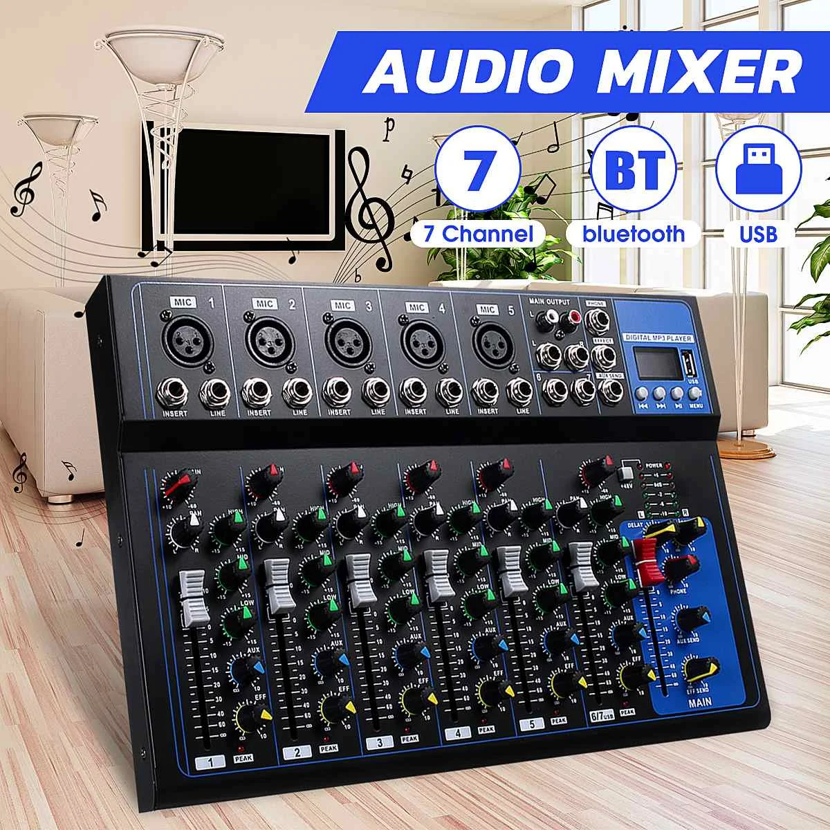 

Bluetooth Portable Audio Mixer w/USB DJ Sound Mixing Console MP3 Jack 7 Channel Karaoke 48V Amplifier Karaoke KTV Match Party