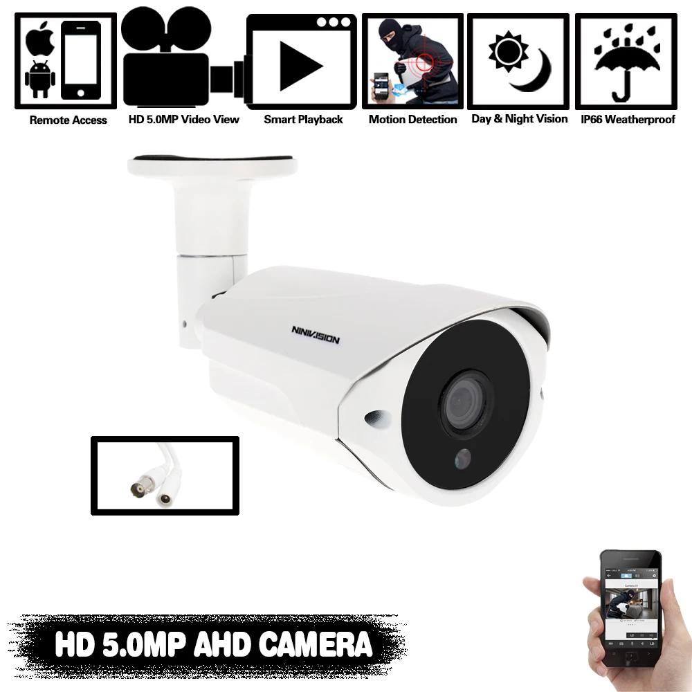 NINIVISION 5MP AHD Camera With SONY IMX335 H.265 Bullet Security Video Surveillance Camera 3.6mm Lens 6 array Infrared Led