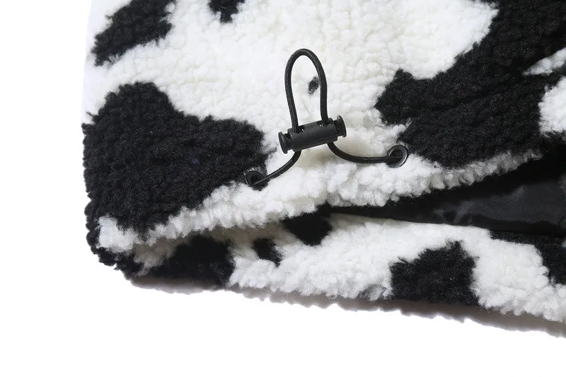 Winter Thick Oversize Cow Contrast Color Parka Coat Polka Dot Vintage Fleece Zipper Pocket Jacket Men Hip Hop Swag Black/White