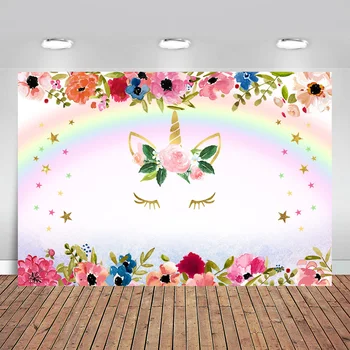 

Flowers Rainbow Unicorn Backdrop Little Stars Girls Baby Shower Birthday Party Photography Backgrounds for Photo Studio
