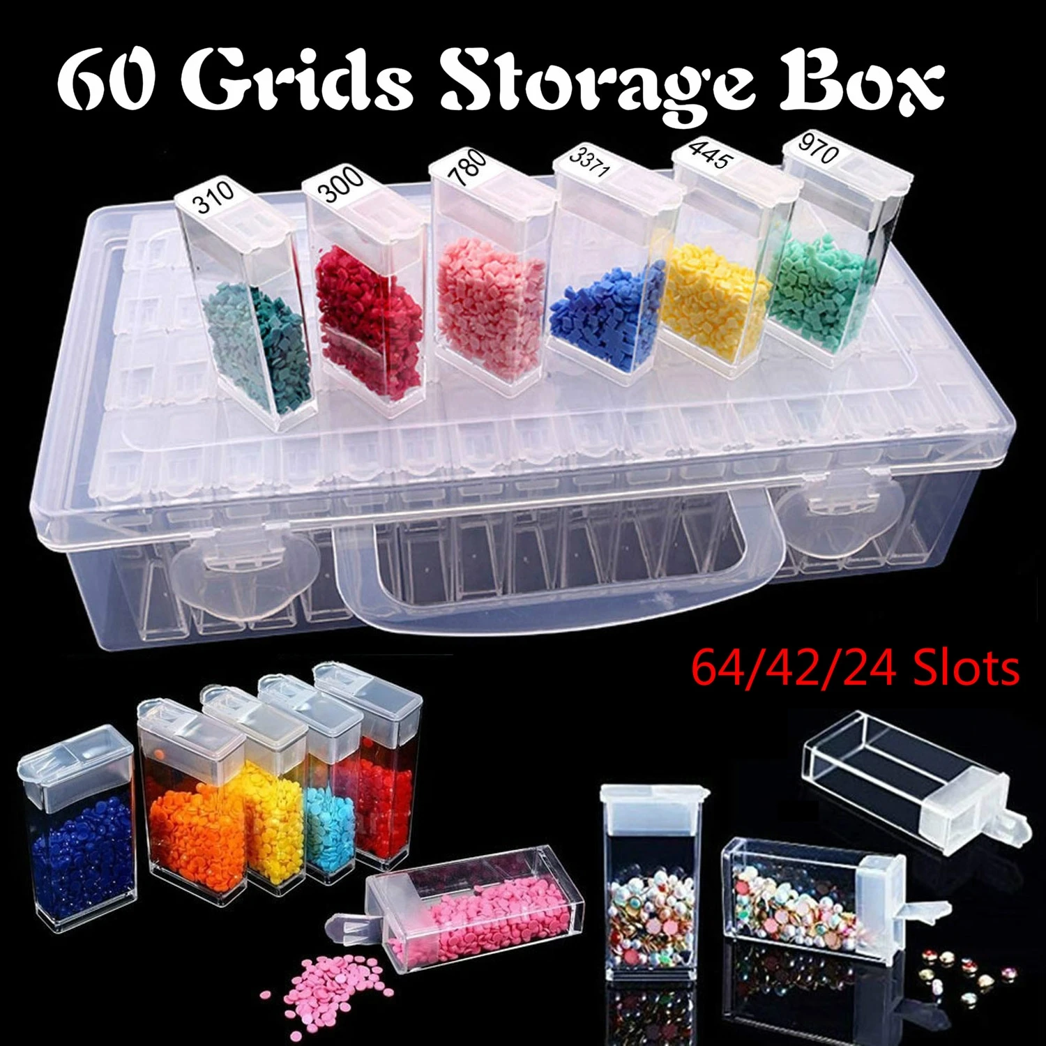 64 Grid Plastic Transparent Plastic Box Jewelry Storage Bead Organizer Container 