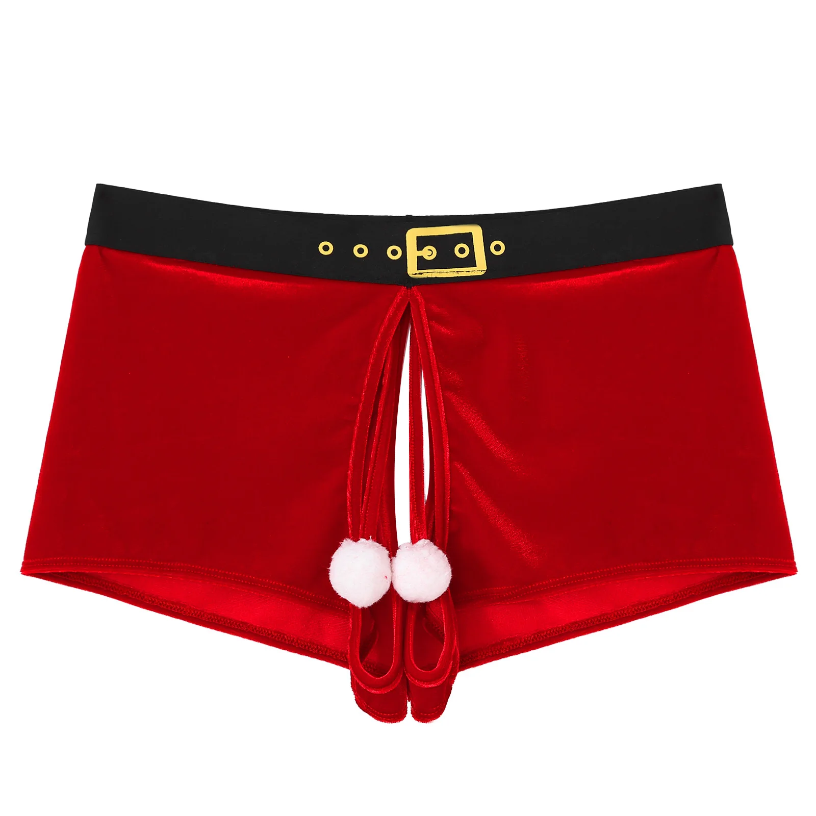 Men Christmas Velvet Panties Crotchless Boxer Shorts Fluffy Ball Sexy Lingerie Underwear Low Waist Elastic Waistband Underpants