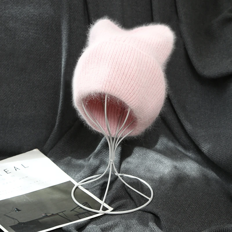 VISROVER 17 Colorway Unisex Solid Cat Shape Rabbit Fur Woman Winter Hat Soft Autumn Bonnet Cute Cat Ear Woman Warm Skullies Gift 