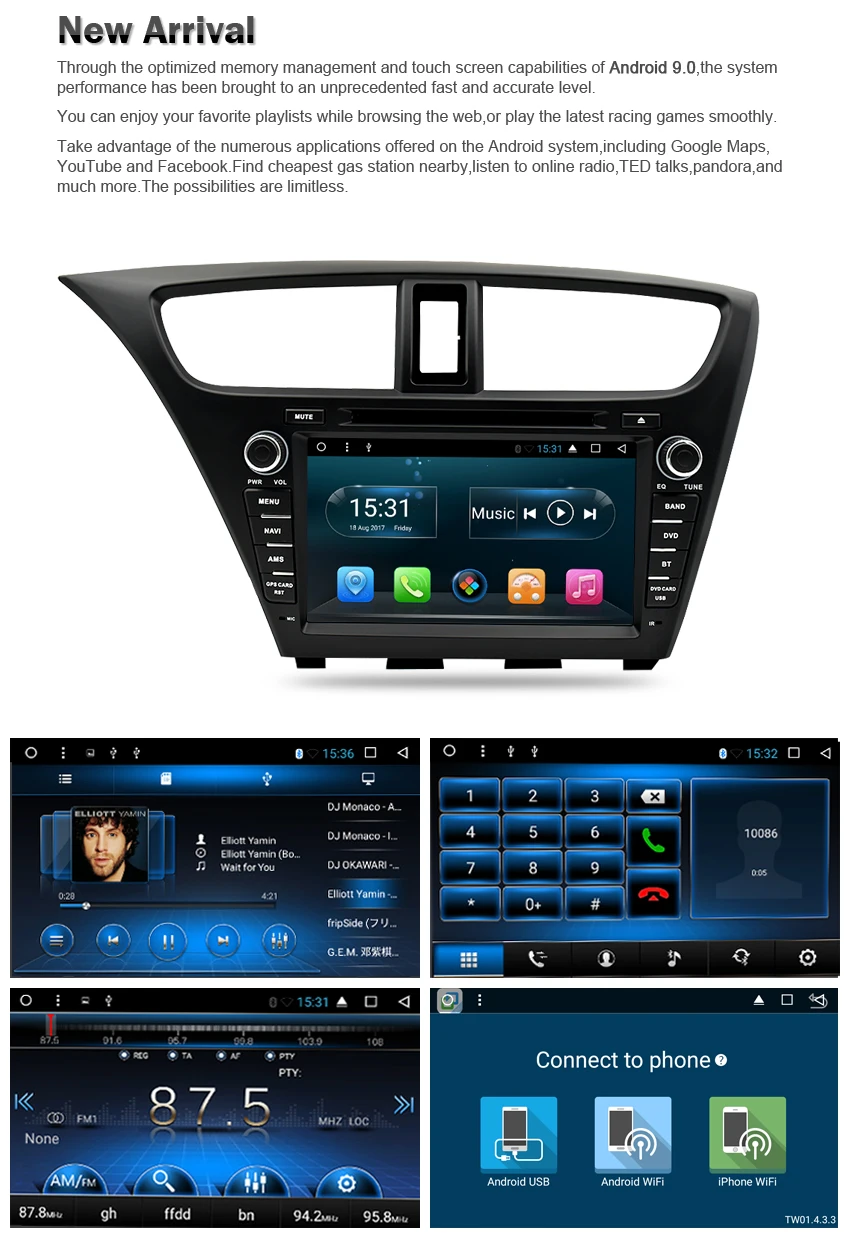 Excellent Android 9.0 Car Stereo DVD For Honda Civic Hatchback 2013+Auto Radio RDS GPS Glonass Navigation Audio Video Multimedia Bluetooth 4