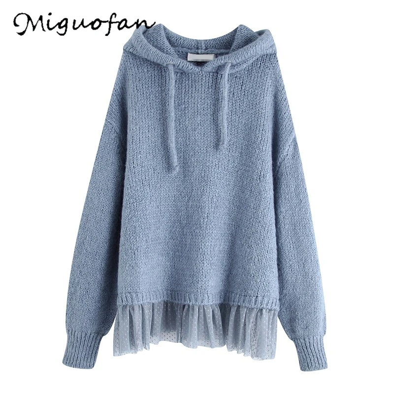 Za Sweater Women Blue Hooded Crop Ladies Sweaters Pullovers Jumpers Winter Poncho Casual Lace Pleat knitted Tops | Женская одежда