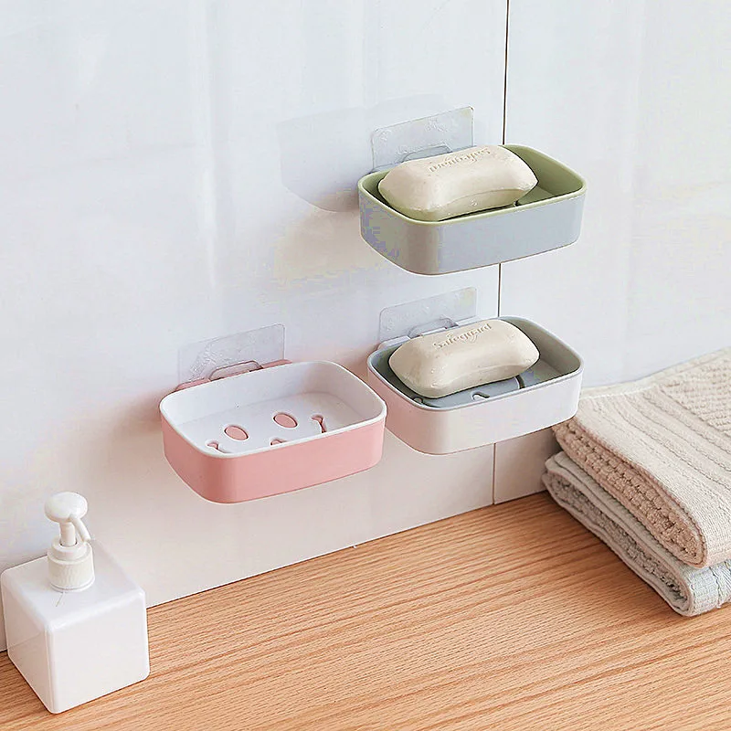 

Smiley Face Pattern Non-trace Stick Draining Holder Double Layer Wall Mount Draining Soap Box Bathroom Kitchen Storage Box