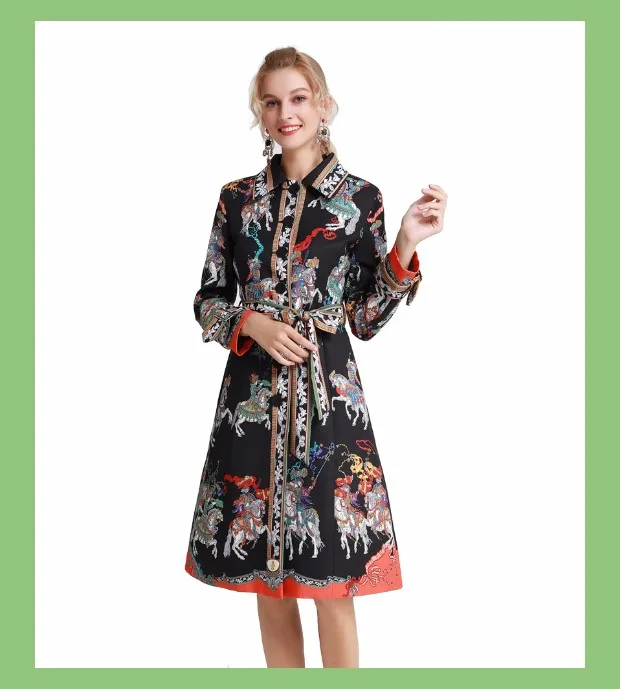 Женская одежда desfill de Moda Тренч casaco feminino винтажное платье с длинными рукавами и манжетами галстук с животным принтом пояс jurken