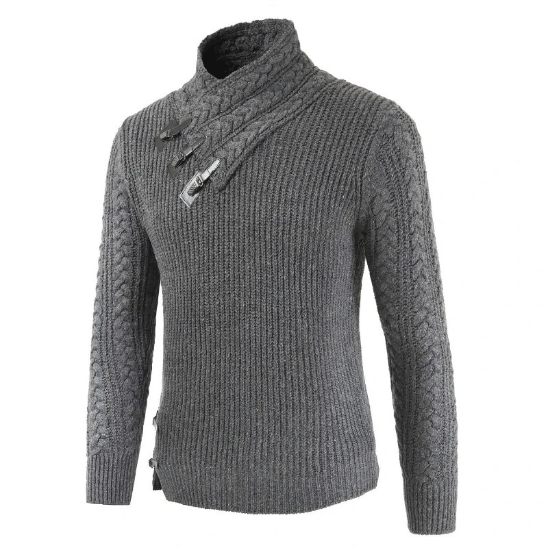 Spring New Pullover Man Sweater Fashion Three PU Leather Buckle High Collar Men's Thick Long Sleeve Warm Pullover Sweater Y