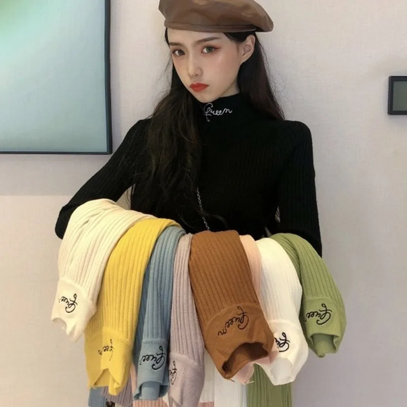 

Korean Fashion Letter Print Knitted Tops Pullover Women Casual Long Sleeve Turtleneck Sweater Knitwear
