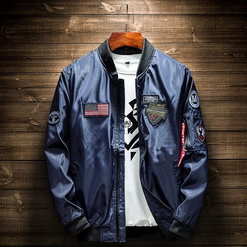 Army Green Bomber Jacket Men Fashion American Flag Patch Designs Pilot  Jacket Ribbons Zipper Pocket Baseball Uniform Male Coat